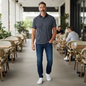 Vineyard Vines Blue and White/Gray Striped Polo, size large